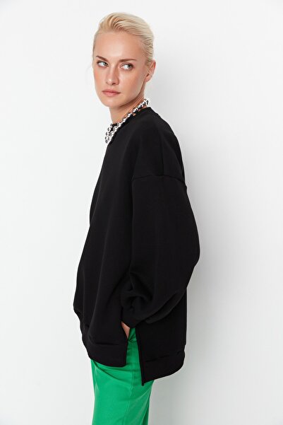 Trendyol Collection Černá Oversize/Wide Fit Rozparek Detailní Silný fleece Uvnitř pletená mikina TWOAW23SW00195