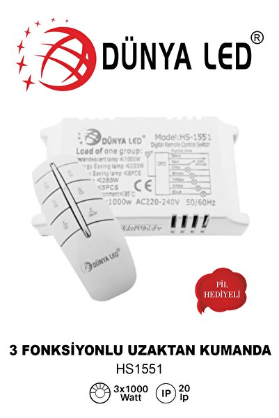 DÜNYA LED Hs.1551 3lü Avize Kumandası Algılama Mesafesi 5-10 Metre Pil Hediyeli