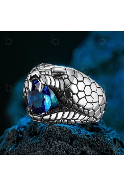 modasilvers 925 Ayar Gümüş Kobra Yılanı Figürlü Safir Taşlı Erkek Yüzük