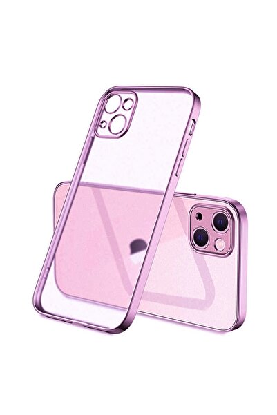 Ally Iphone 13 Mini Renkli Kenar Şeffaf Kılıf Kamera Korumalı Silikon Kılıf Mor
