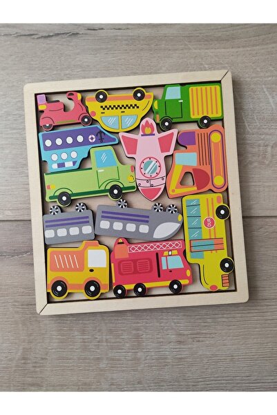 Ankebut Renkli Araçlar Ahşap Puzzle 12 Parça Tablalı