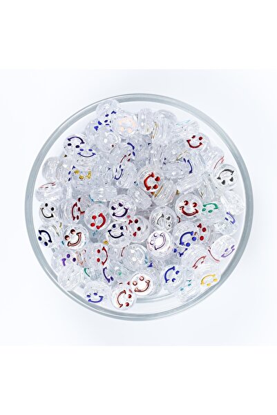 yfhobi 25 Gram - 10 Mm Beyaz Üzeri Renkli Gülenyüz Figürlü Yassı Plastik Bonc...