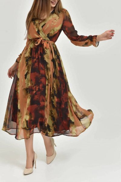 Elbise Delisi Women's Brown Patterned Chiffon Dress
