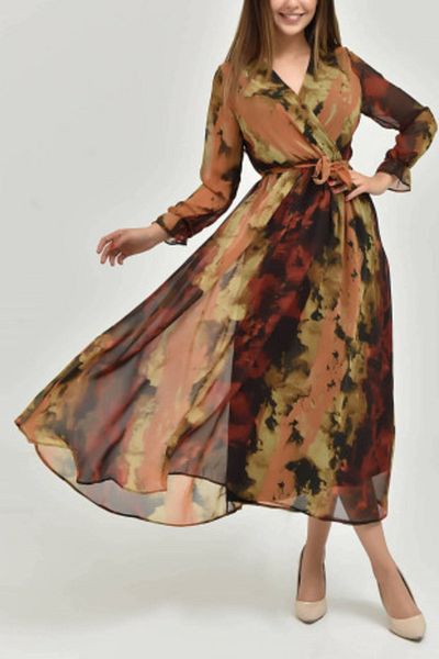 Elbise Delisi Women's Brown Patterned Chiffon Dress