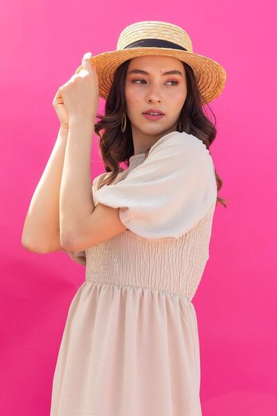 lovebox Cotton Aerobin Fabric Back Window Low-cut Gipeli Midi Length Short Sleeve Cream Dress 048