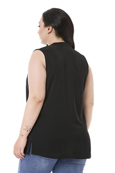 DISENTIS MODEST Plus Size Tie-Up Collar Stand Collar Side Slit Flowy Sleeveless Black Blouse