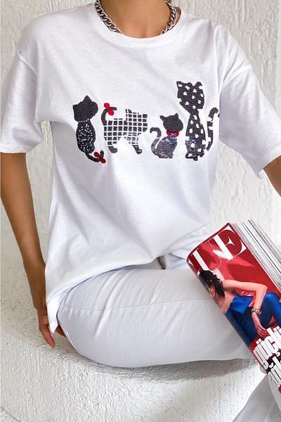 FEMELLE Tricou de damă, cu gât crew, pisică, cu paiete, brodat din nou sezon