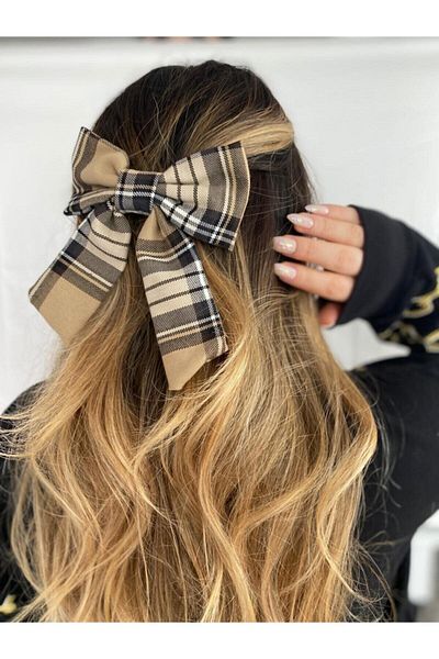 Mathilda Aksesuar Beige Plaid Patterned Hair Clip