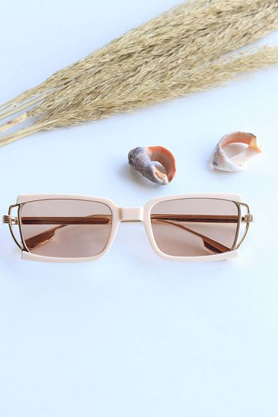 LOOKUP Unisex Sunglasses Uv400 Protection New Model Gold Handle Cream Rectangular Frame Vintage Style