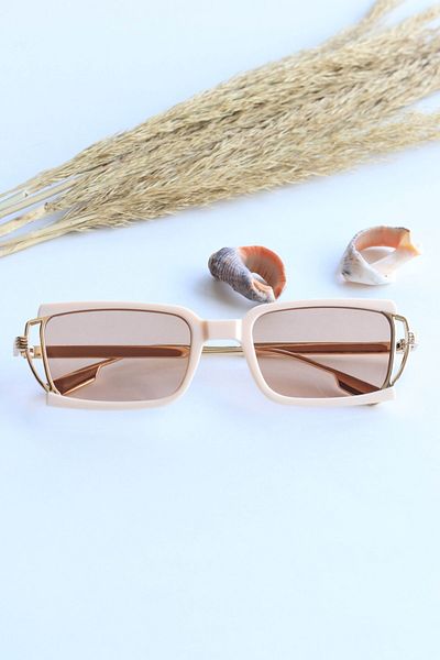 LOOKUP Unisex Sunglasses Uv400 Protection New Model Gold Handle Cream Rectangular Frame Vintage Style
