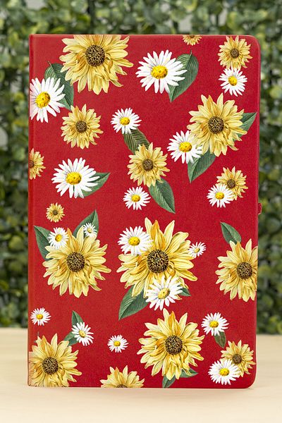 Spoyi Sunflower Daisy Design Undated Leather Cover Elastic Red Agenda Notebook