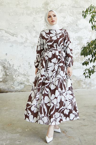 benguen 431 Μοντέλο Καφέ Φόρεμα Hijab με λουλούδια