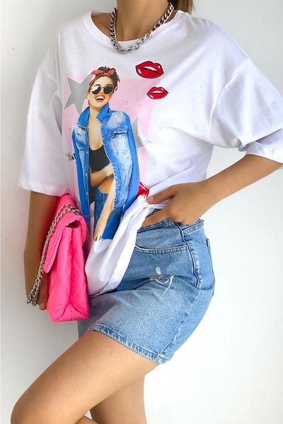 FEMELLE Tricou din bumbac imprimat cu decolteu roșu pentru noi sezon