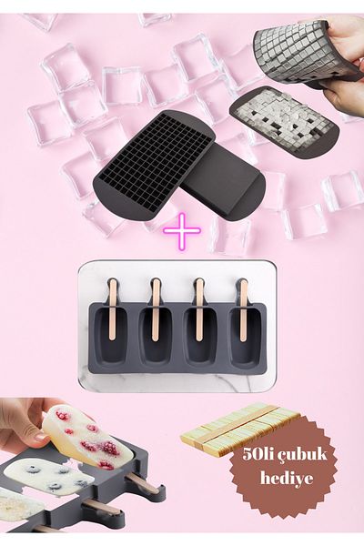 M Mimoza Park Set of 2, 160-Piece Mini Cube Shaped Silicone Ice Cream Tray and Magnum Silicone, 4-Piece Mini Size Ice Cream Mold