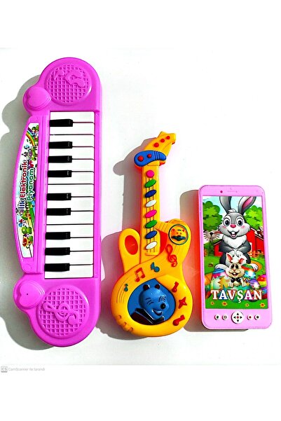 berattoys Müzikli Mini Gitar(25cm)&ışıklı Müzikli Telefon(15cm)mini Piyano (1...