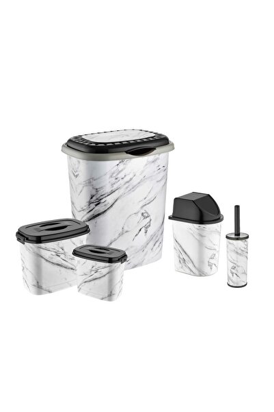 abnturk Beyaz Mermer Desen 5 Parça Banyo Çamaşır Seti Kirli Sepeti+deterjan,c...
