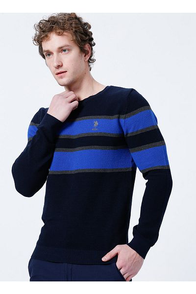 U.S. Polo Assn. Ανδρικό πουλόβερ με λαιμόκοψη με λεπτή εφαρμογή Navy Blue - Lutton
