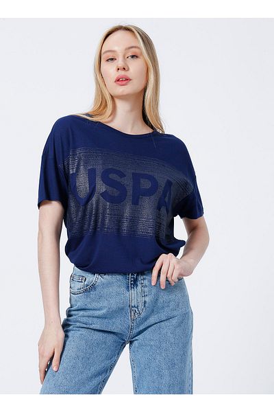 U.S. Polo Assn. Tricou pentru damă, albastru bleumarin, cu decolteu, cu croială confortabilă