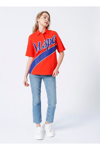 U.S. Polo Assn. Tricou roșu cu gât polo pentru femei Funtal