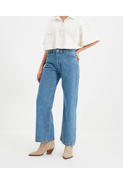 LİMABEL Lycra Blue Snow Wash Pantaloni de damă cu talie înaltă cu picioare largi