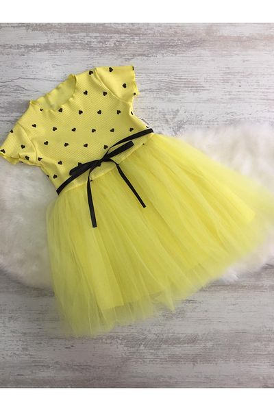 LittleHappiness70 Rochie pentru fete de culoare galbenă cu inimă
