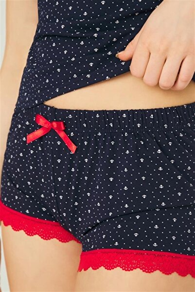 Cottonhill Sötétkék mintás pamut pizsama szett vékony pántos rövidnadrággal