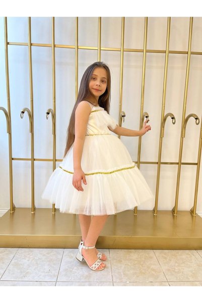 shopland Evening Dress Skirt Tutu Detailed Glitter Stripe Tasseled Children's Birthday Dress White Wedding Dress