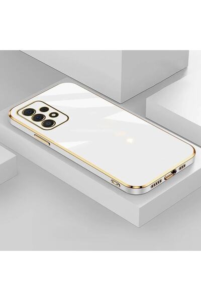 Fibaks Galaxy A23 Uyumlu Kılıf Parlak Kenarlı Altın Işlemeli Kamera Korumalı Kapak