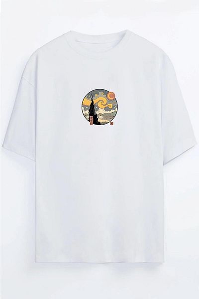 AFROGİYİM Μπλουζάκι Unisex Starry Night Painting Oversize