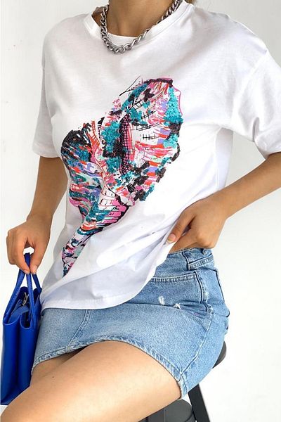 FEMELLE Tricou din bumbac cu paiete brodat cu paiete și gât turnat pentru femei