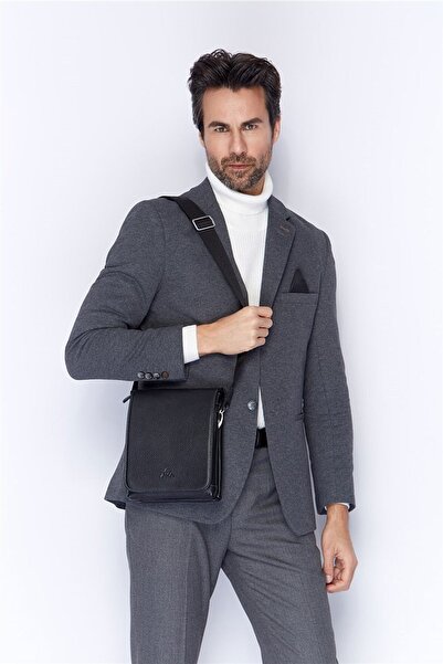 Aka Deri 355 Geantă de umăr pentru bărbați din piele naturală neagră