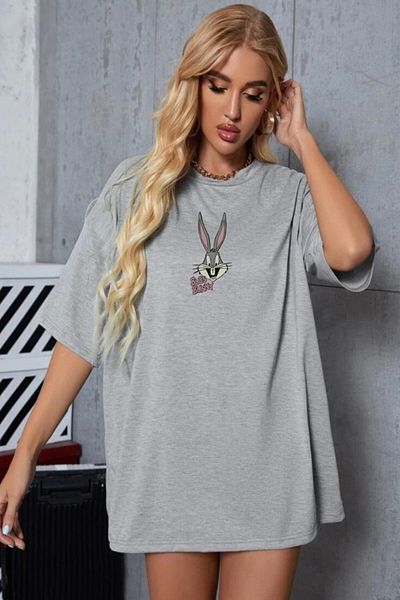 MODAGEN Women's Oversize Gray Bugsbunny Tshirt