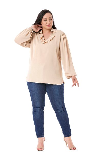 DISENTIS MODEST Plus Size Flowing Beige Blouse with Ruffled Collar, Shirred Shoulders and Sleeves and Buttons