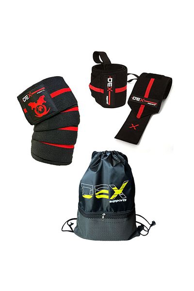 Dex Supports Lasting Energy Knee Wraps + Elite Wrist Wraps + Sackpack Set of 3