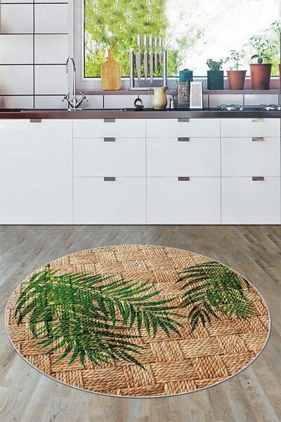 Viva Home Leke Tutmaz Hasır Görünümlü Kaymaz Tabanlı Yıkanabilir Yuvarlak Mut...