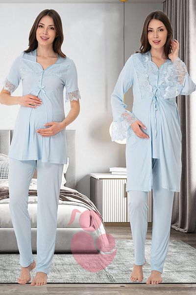 lohusahamile Effortt 9014 Maternity Pajama Set with Lace Detailed Sleeves and Dressing Gown