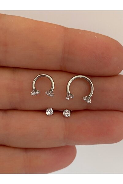 Arescollection Cerrahi Çelik Iki Ucu Taşlı Yarım Halka 2 Li Piercing Küpe Set