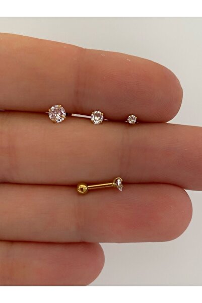 Arescollection Cerrahi Çelik Zirkon Taşlı 3 Lü Piercing Küpe Set