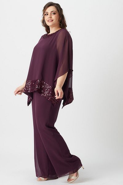 Moda Alba Plum Chiffon Lined Large Size Trousers with Wide Leg and Elastic Waist