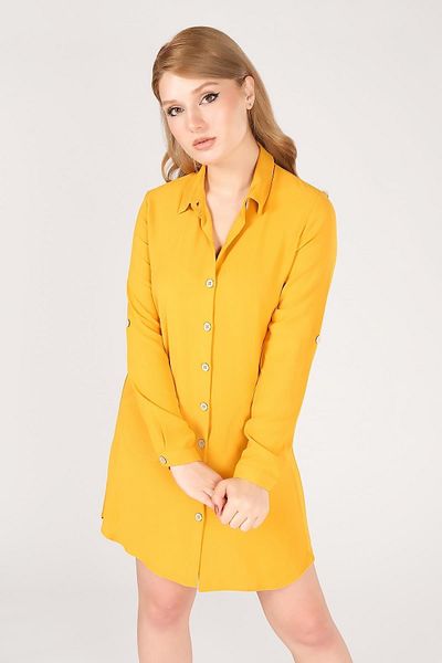 Giyim Dünyası Women's Double Pocket Ayrobin Fabric Tunic Shirt Mustard
