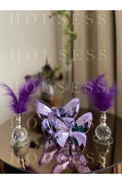 Housess Dekoratif Mor Kelebek Ve 2 Adet Gümüş Tüylük Biblo Süs