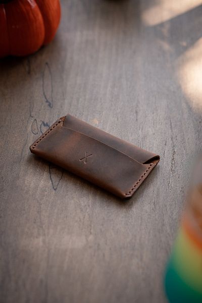 minimal X design Manual Leather Card Holder - Tan Crazy - Real Leather & Handmade - Minimalist Design