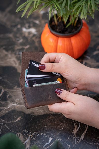 minimal X design Manual Leather Card Holder - Chestnut Crazy - Real Leather & Handmade - Minimalist Design