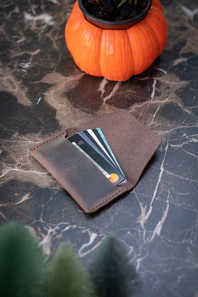 minimal X design Manual Leather Card Holder - Chestnut Crazy - Real Leather & Handmade - Minimalist Design