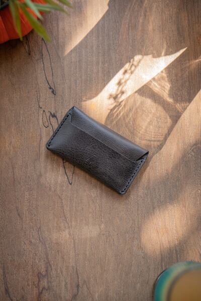 minimal X design Manual Leather Card Holder - Anthracite - Real Leather & Handmade - Minimalist Design