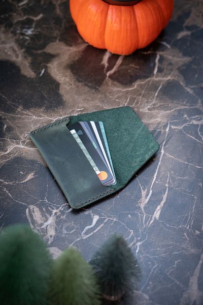 minimal X design Manual Leather Card Holder - Ocean Green - Real Leather & Handmade - Minimalist Design