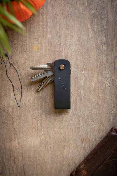 minimal X design Leather Keychain Long 2-3 Key Capacity - Black Crazy - Minimalist Design