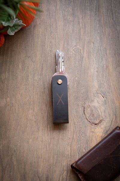 minimal X design Leather Keychain Long 2-3 Key Capacity - Chestnut Crazy - Minimalist Design