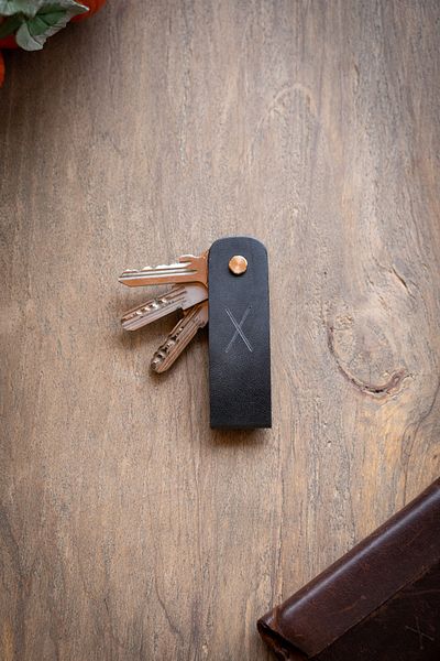 minimal X design Leather Keychain Long 2-3 Key Capacity - Anthracite - Minimalist Design