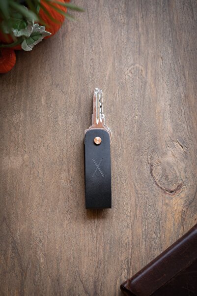 minimal X design Leather Keychain Long 2-3 Key Capacity - Anthracite - Minimalist Design